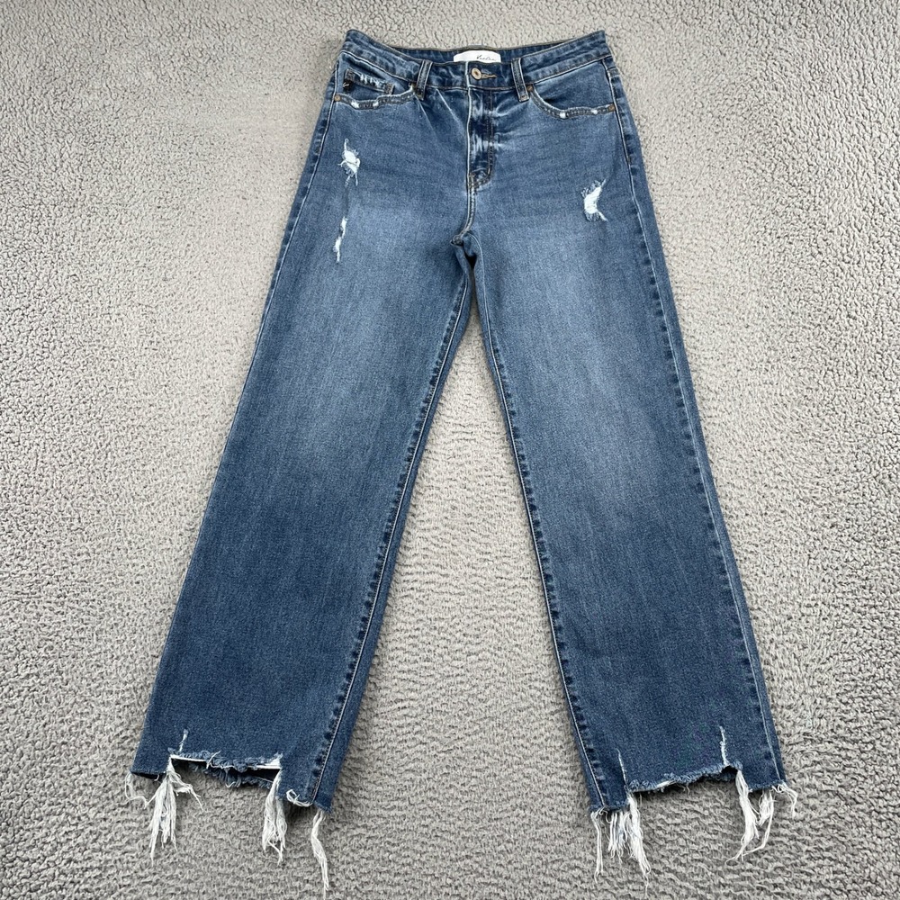 KanCan Jeans Womens 7/27 Blue Wide Leg High Rise Distressed Frayed Hem KC2529M